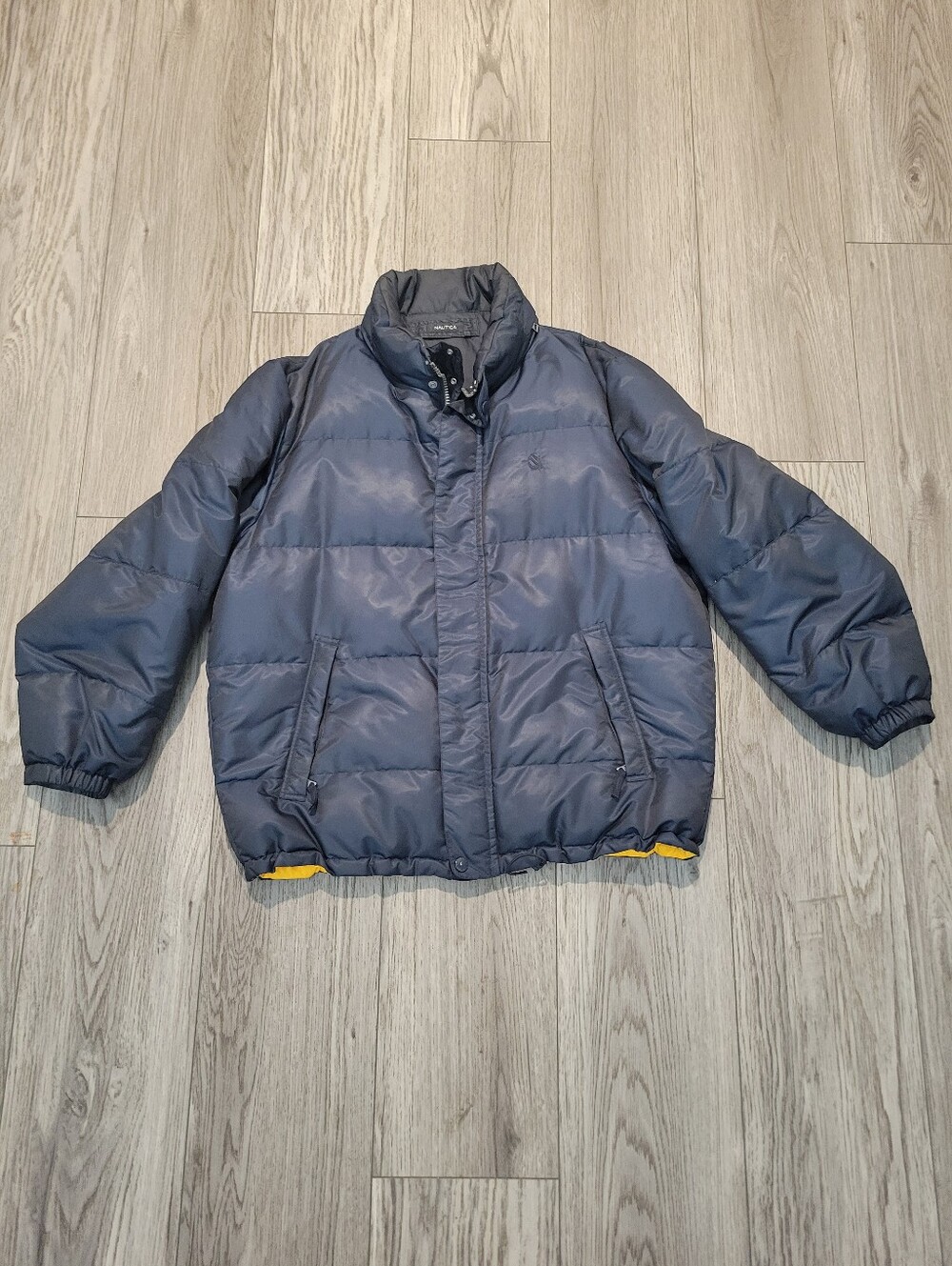 Nautica Navy Blue/Yellow Reversable Puffer Jacket With Many Pockets And Hoodie